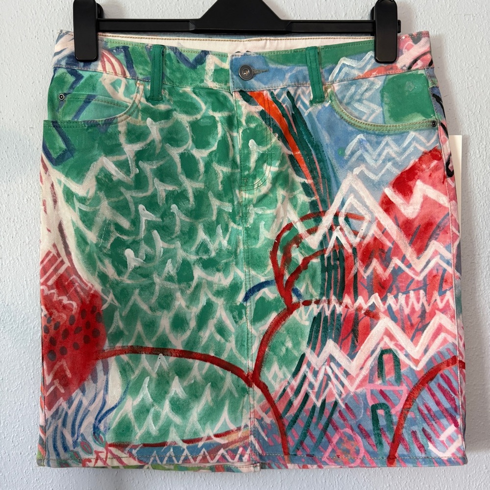 Anthropologie Green and Red Abstract Hand Painted Denim Skirt
